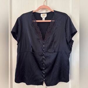 Talbots Navy Silk Blend Lace Trim Top